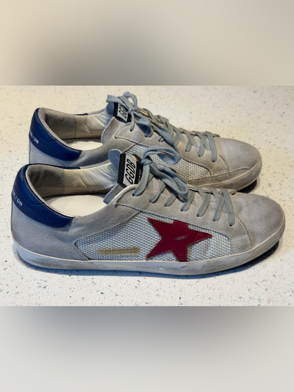 Golden Goose Superstar Grey Suede Sneakers with Red Star Accent